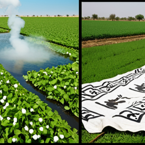 Home 11 **Prompt:** A split image showcasing the contrasting environmental impacts of linen and cotton. On one side, a lush green field with minimal water usage representing linen, contrasted by a parched field with heavy pesticide application representing cotton. The image emphasizes water conservation and reduced pesticide use in linen production, visualizing sustainability. Include Arabic script subtly in the background, reflecting the target audience.
