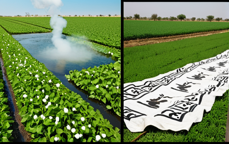 **Prompt:** A split image showcasing the contrasting environmental impacts of linen and cotton. On one side, a lush green field with minimal water usage representing linen, contrasted by a parched field with heavy pesticide application representing cotton. The image emphasizes water conservation and reduced pesticide use in linen production, visualizing sustainability. Include Arabic script subtly in the background, reflecting the target audience.