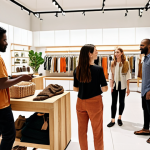 **A group of diverse people happily shopping in a bright, modern clothing store with displays emphasizing sustainable materials and ethical production. The store's design incorporates natural elements, and the atmosphere is inviting and eco-conscious.**