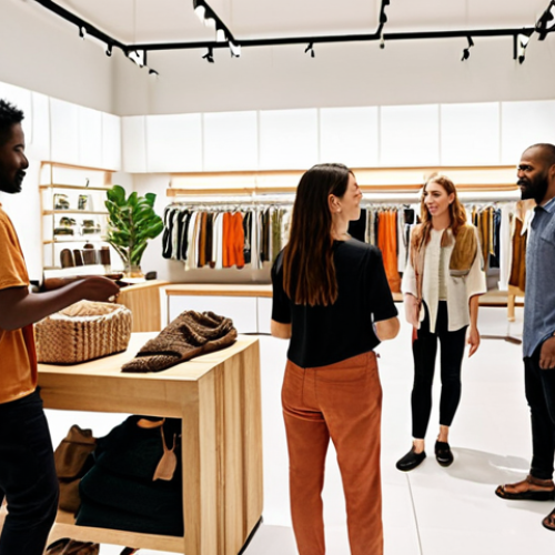 Home 6 **A group of diverse people happily shopping in a bright, modern clothing store with displays emphasizing sustainable materials and ethical production. The store's design incorporates natural elements, and the atmosphere is inviting and eco-conscious.**