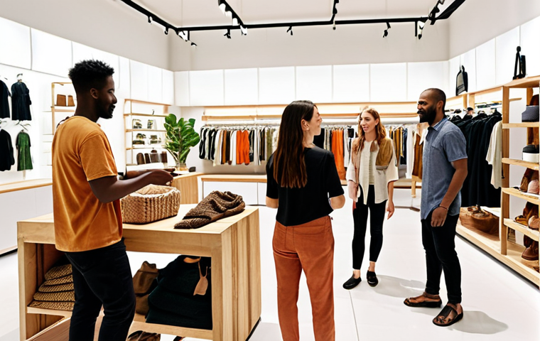 **A group of diverse people happily shopping in a bright, modern clothing store with displays emphasizing sustainable materials and ethical production. The store's design incorporates natural elements, and the atmosphere is inviting and eco-conscious.**